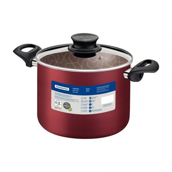 CALDEIRÃO TRAMONTINA PARIS EM ALUMÍNIO COM REVESTIMENTO INTERNO E EXTERNO EM ANTIADERENTE STARFLON MAX VERMELHO COM TAMPA DE VIDRO 24 CM 7,1 L