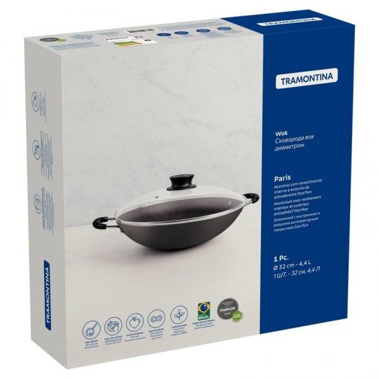 WOK TRAMONTINA PARIS EM ALUMÍNIO COM REVESTIMENTO INTERNO E EXTERNO EM ANTIADERENTE STARFLON MAX CHUMBO COM TAMPA DE VIDRO 32 CM 4,4 L