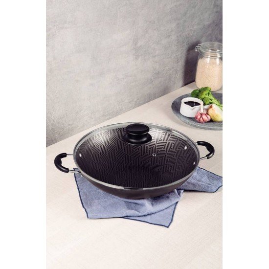 WOK TRAMONTINA PARIS EM ALUMÍNIO COM REVESTIMENTO INTERNO E EXTERNO EM ANTIADERENTE STARFLON MAX CHUMBO COM TAMPA DE VIDRO 32 CM 4,4 L