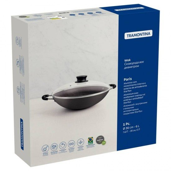 WOK TRAMONTINA PARIS EM ALUMÍNIO COM REVESTIMENTO INTERNO E EXTERNO EM ANTIADERENTE STARFLON MAX CHUMBO COM TAMPA DE VIDRO 36 CM 6,0 L