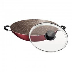 WOK TRAMONTINA PARIS EM ALUMÍNIO COM REVESTIMENTO INTERNO E EXTERNO EM ANTIADERENTE STARFLON MAX VERMELHO COM TAMPA DE VIDRO 32 CM 4,4 L