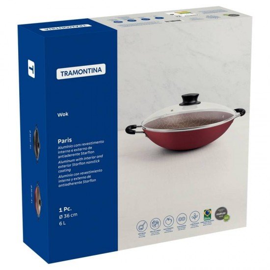 WOK TRAMONTINA PARIS EM ALUMÍNIO COM REVESTIMENTO INTERNO E EXTERNO EM ANTIADERENTE STARFLON MAX VERMELHO COM TAMPA DE VIDRO 36 CM 6,0 L