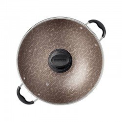 WOK TRAMONTINA PARIS EM ALUMÍNIO COM REVESTIMENTO INTERNO E EXTERNO EM ANTIADERENTE STARFLON MAX VERMELHO COM TAMPA DE VIDRO 36 CM 6,0 L