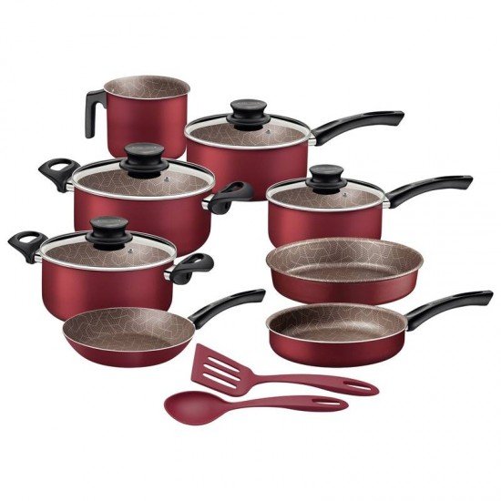 JOGO DE PANELAS TRAMONTINA PARIS EM ALUMÍNIO COM REVESTIMENTO INTERNO E EXTERNO EM ANTIADERENTE STARFLON MAX VERMELHO 10 PEÇAS