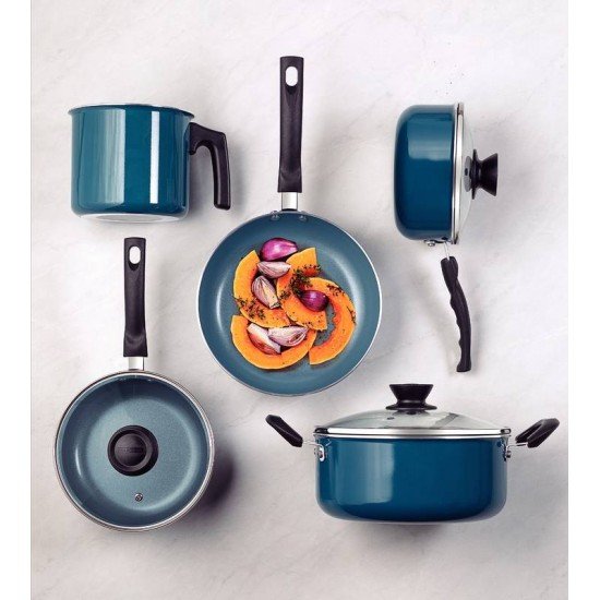 JOGO DE PANELAS TRAMONTINA ÉVORA EM ALUMÍNIO COM REVESTIMENTO INTERNO CERÂMICO E EXTERNO DE SILICONE AZUL 5 PEÇAS