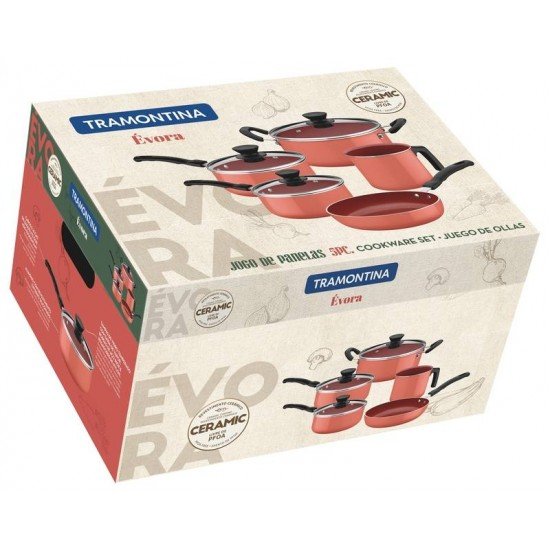 JOGO DE PANELAS EVORA EM ALUMINIO CERAMICO E EXTERNO DE SILICONE VERMELHO 5 PECAS TRAMONTINA