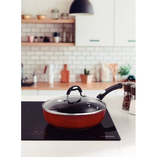 FRIGIDEIRA FUNDA TRAMONTINA MÔNACO INDUCTION EM ALUMÍNIO COM REVESTIMENTO INTERNO ANTIADERENTE STARFLON PREMIUM VERMELHO COM TAMPA 24 CM 2,7 L