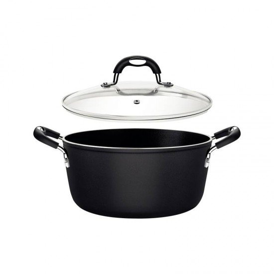 CAÇAROLA TRAMONTINA MÔNACO INDUCTION EM ALUMÍNIO COM REVESTIMENTO INTERNO E EXTERNO ANTIADERENTE STARFLON PREMIUM PRETO COM TAMPA DE VIDRO 28 CM 6,4 L