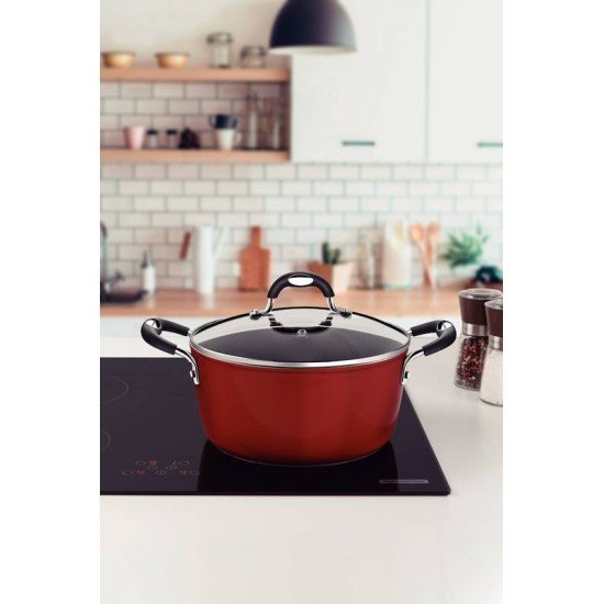 CAÇAROLA TRAMONTINA MÔNACO INDUCTION EM ALUMÍNIO COM REVESTIMENTO INTERNO ANTIADERENTE STARFLON PREMIUM E EXTERNO SILICONADO VERMELHO 20 CM 2,6 L