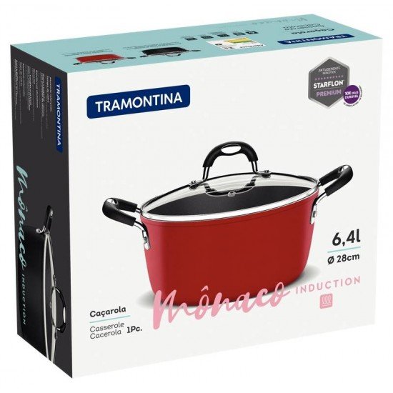 CAÇAROLA TRAMONTINA MÔNACO INDUCTION EM ALUMÍNIO COM REVESTIMENTO INTERNO ANTIADERENTE STARFLON PREMIUM E EXTERNO SILICONADO VERMELHO 28 CM 6,4 L