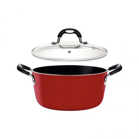CAÇAROLA TRAMONTINA MÔNACO INDUCTION EM ALUMÍNIO COM REVESTIMENTO INTERNO ANTIADERENTE STARFLON PREMIUM E EXTERNO SILICONADO VERMELHO 28 CM 6,4 L
