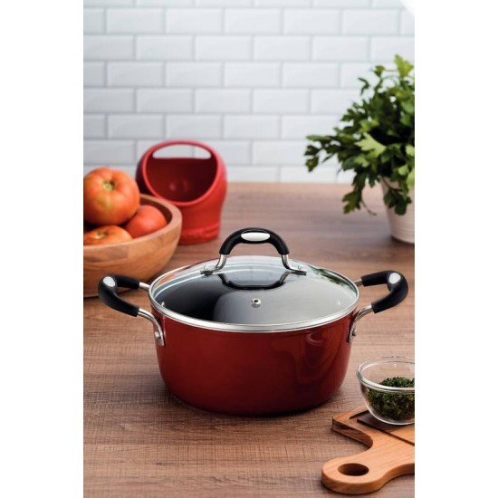 CAÇAROLA TRAMONTINA MÔNACO INDUCTION EM ALUMÍNIO COM REVESTIMENTO INTERNO ANTIADERENTE STARFLON PREMIUM E EXTERNO SILICONADO VERMELHO 28 CM 6,4 L