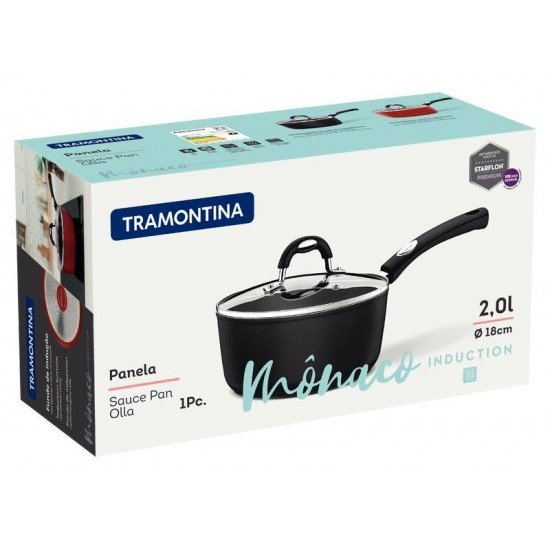 PANELA TRAMONTINA MÔNACO INDUCTION EM ALUMÍNIO COM REVESTIMENTO INTERNO E EXTERNO ANTIADERENTE STARFLON PREMIUM PRETO COM TAMPA DE VIDRO 18 CM 2 L