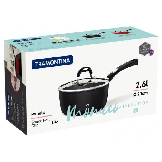 PANELA TRAMONTINA MÔNACO INDUCTION EM ALUMÍNIO COM REVESTIMENTO INTERNO E EXTERNO ANTIADERENTE STARFLON PREMIUM PRETO COM TAMPA DE VIDRO  20 CM 2,6 L