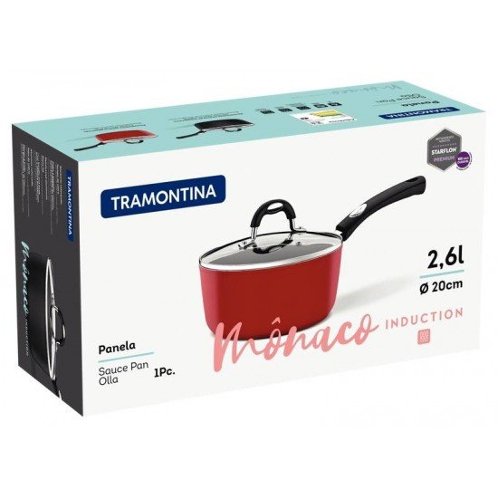 PANELA TRAMONTINA MÔNACO INDUCTION EM ALUMÍNIO COM REVESTIMENTO INTERNO ANTIADERENTE STARFLON PREMIUM  E EXTERNO SILICONADO VERMELHO 20 CM 2,6 L