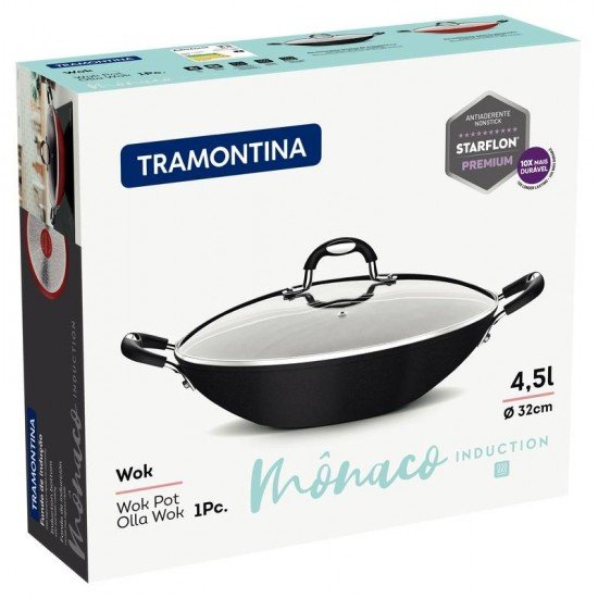 WOK TRAMONTINA MÔNACO INDUCTION EM ALUMÍNIO COM REVESTIMENTO INTERNO E EXTERNO ANTIADERENTE STARFLON PREMIUM PRETO COM TAMPA DE VIDRO 32 CM 4,5 L