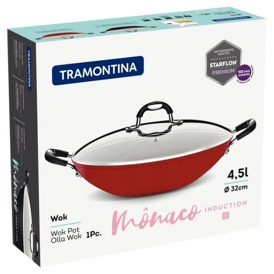 WOK TRAMONTINA MÔNACO INDUCTION EM ALUMÍNIO COM REVESTIMENTO INTERNO ANTIADERENTE STARFLON PREMIUM E  EXTERNO SILICONADO VERMELHO 32 CM 4,5 L