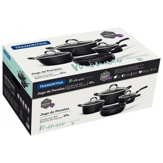 JOGO DE PANELAS TRAMONTINA MÔNACO INDUCTION EM ALUMÍNIO COM REVESTIMENTO INTERNO E EXTERNO ANTIADERENTE STARFLON PREMIUM PRETO 4 PEÇAS