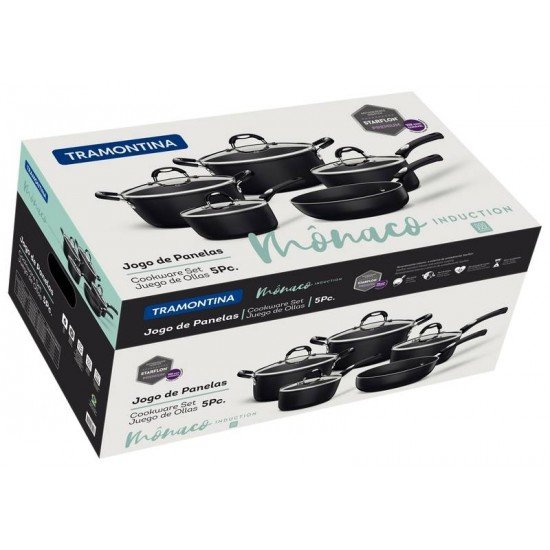 JOGO DE PANELAS TRAMONTINA MÔNACO INDUCTION EM ALUMÍNIO COM REVESTIMENTO INTERNO E EXTERNO ANTIADERENTE STARFLON PREMIUM PRETO 5 PEÇAS
