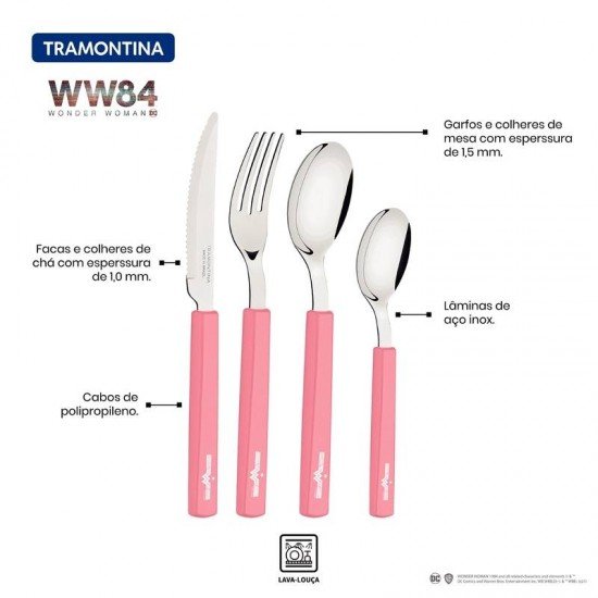 FAQUEIRO TRAMONTINA MULHER-MARAVILHA 1984 COM LÂMINAS EM AÇO INOX E CABOS DE POLIPROPILENO ROSÉ 16 PEÇAS