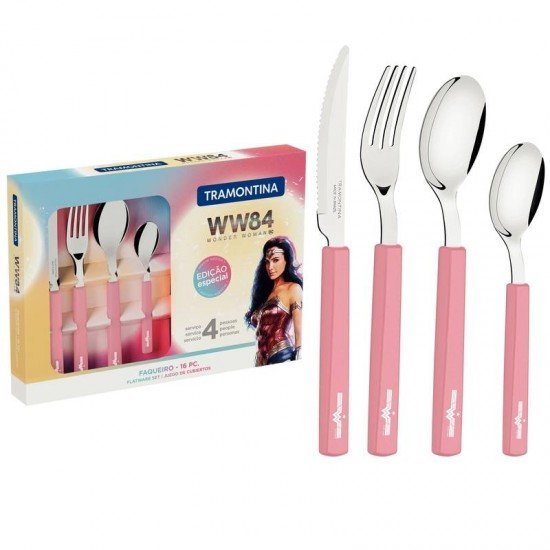 FAQUEIRO TRAMONTINA MULHER-MARAVILHA 1984 COM LÂMINAS EM AÇO INOX E CABOS DE POLIPROPILENO ROSÉ 16 PEÇAS