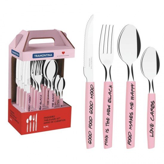 FAQUEIRO MY LOVELY KITCHEN COM LAMINAS EM ACO INOX E CABOS DE POLIPROPILENO ROSA 16 PECAS TRAMONTINA