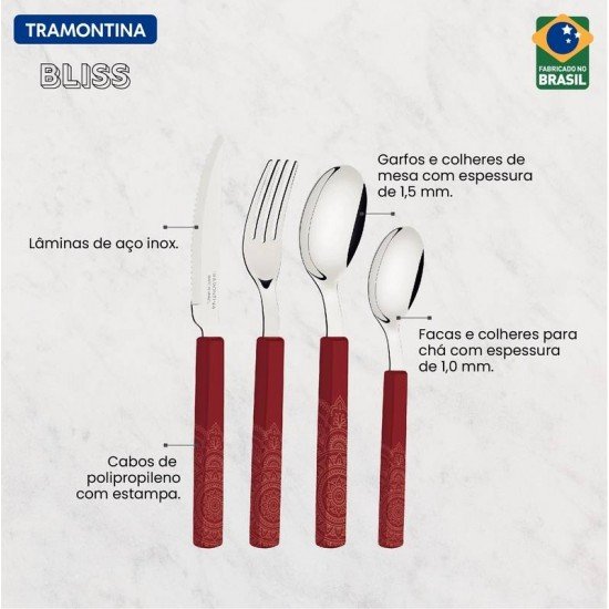 FAQUEIRO TRAMONTINA BLISS COM LÂMINAS EM AÇO INOX E CABOS DE POLIPROPILENO CARMIM 16 PEÇAS