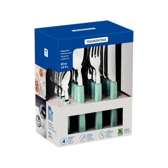 FAQUEIRO TRAMONTINA BLISS COM LÂMINAS EM AÇO INOX E CABOS DE POLIPROPILENO MENTA 16 PEÇAS