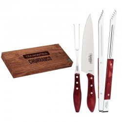 JOGO TRINCHANTE TRAMONTINA COM LÂMINAS EM AÇO INOX E CABOS DE MADEIRA TRATADA POLYWOOD VERMELHO 03 PEÇAS