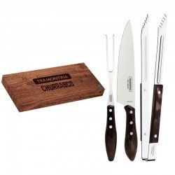 JOGO TRINCHANTE TRAMONTINA COM LÂMINAS EM AÇO INOX E CABOS DE MADEIRA TRATADA POLYWOOD CASTANHO 03 PEÇAS