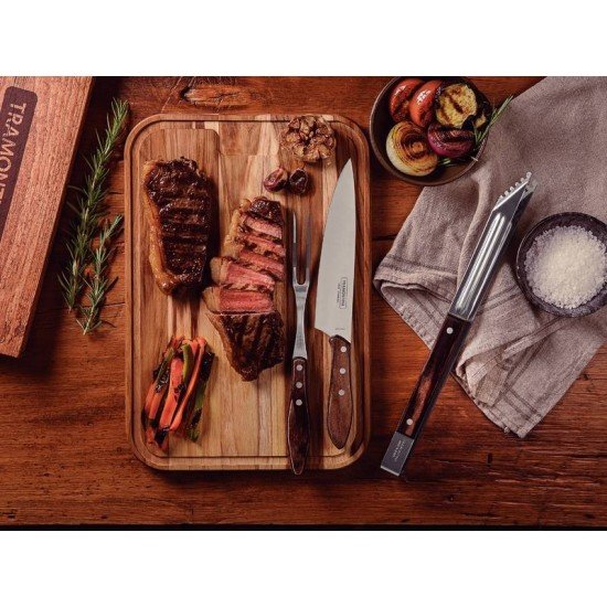 JOGO TRINCHANTE TRAMONTINA COM LÂMINAS EM AÇO INOX E CABOS DE MADEIRA TRATADA POLYWOOD CASTANHO 03 PEÇAS