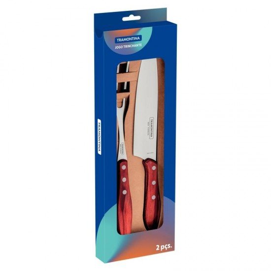 JOGO TRINCHANTE TRAMONTINA COM LÂMINAS EM AÇO INOX E CABOS DE MADEIRA TRATADA POLYWOOD CASTANHO 02 PEÇAS