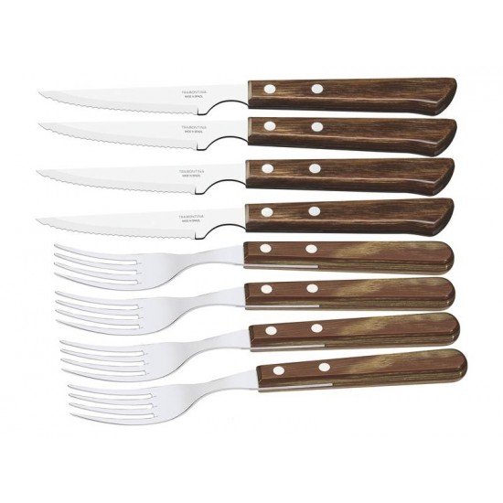 JOGO DE TALHERES CHURRASCO AÇO INOX COM CABO CASTANHO POLYWOOD ESTOJO DE MADEIRA 8 PEÇAS TRAMONTINA