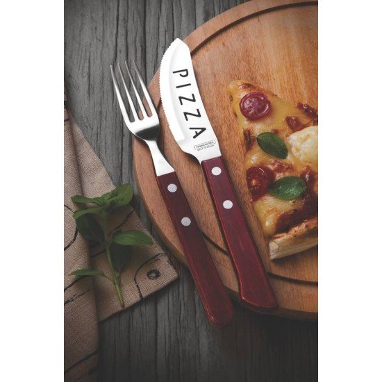 JOGO DE TALHERES PARA PIZZA EM ACO INOX CABO VERMELHO POLYWOOD ESTOJO DE MADEIRA 4 PECAS TRAMONTINA