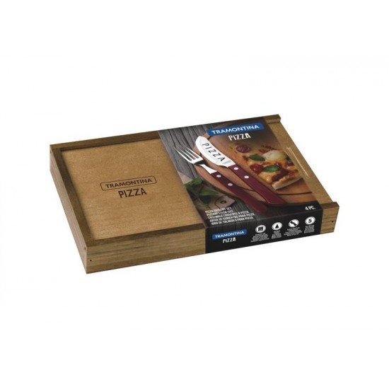 JOGO DE TALHERES PARA PIZZA EM ACO INOX CABO VERMELHO POLYWOOD ESTOJO DE MADEIRA 4 PECAS TRAMONTINA