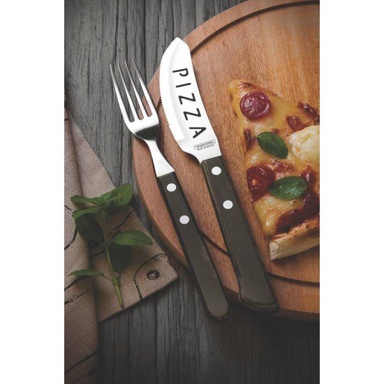 JOGO DE TALHERES PARA PIZZA EM ACO INOX CABO CASTANHO POLYWOOD ESTOJO DE MADEIRA 4 PECAS TRAMONTINA