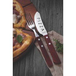 CONJUNTO DE FACAS PARA PIZZA EM ACO INOX CABO VERMELHO POLYWOOD ESTOJO DE MADEIRA 4 PECAS TRAMONTINA