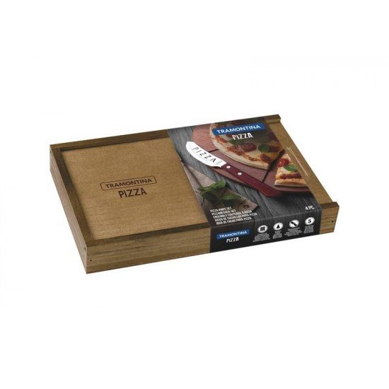 CONJUNTO DE FACAS PARA PIZZA EM ACO INOX CABO VERMELHO POLYWOOD ESTOJO DE MADEIRA 4 PECAS TRAMONTINA