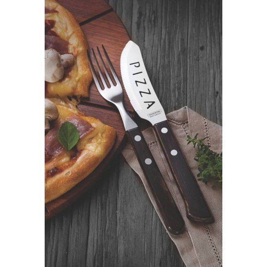 CONJUNTO DE FACAS PARA PIZZA EM ACO INOX CABO CASTANHO POLYWOOD ESTOJO DE MADEIRA 4 PECAS TRAMONTINA