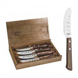CONJUNTO DE FACAS PARA PIZZA EM ACO INOX CABO CASTANHO POLYWOOD ESTOJO DE MADEIRA 4 PECAS TRAMONTINA