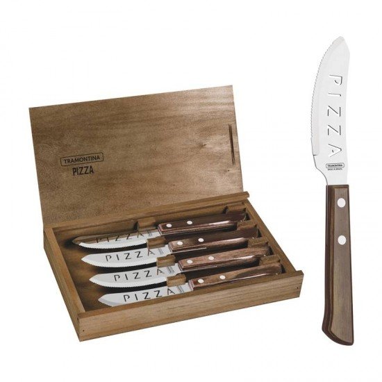 CONJUNTO DE FACAS PARA PIZZA EM ACO INOX CABO CASTANHO POLYWOOD ESTOJO DE MADEIRA 4 PECAS TRAMONTINA
