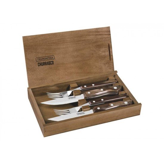 JOGO DE TALHERES CHURRASCO AÇO INOX CABO CASTANHO POLYWOOD ESTOJO DE MADEIRA 4 PEÇAS TRAMONTINA