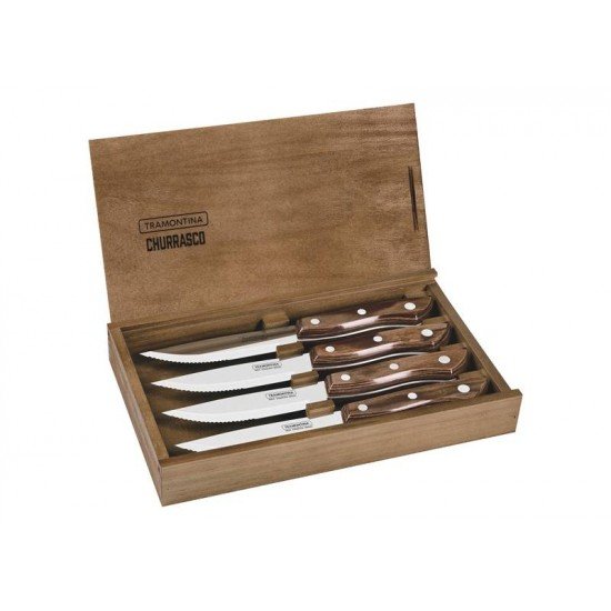 CONJUNTO DE FACAS PARA CHURRASCO BUENO EM AÇO INOX COM CABO CASTANHO POLYWOOD COM ESTOJO DE MADEIRA