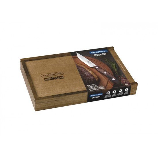 CONJUNTO DE FACAS PARA CHURRASCO BUENO EM AÇO INOX COM CABO CASTANHO POLYWOOD COM ESTOJO DE MADEIRA