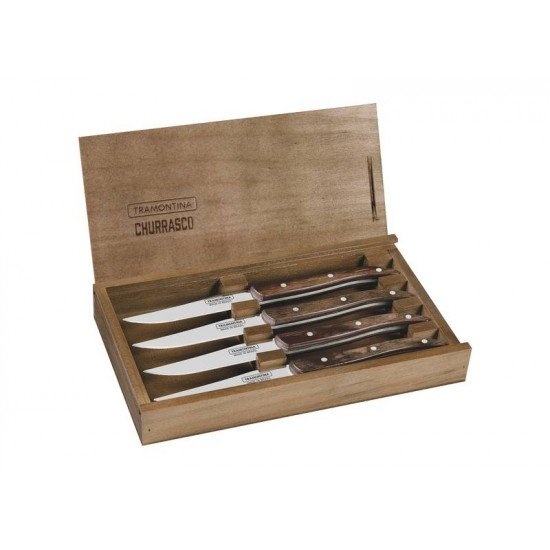 CONJUNTO DE FACAS CHURRASCO PAISANO AÇO INOX COM CABO CASTANHO POLYWOOD ESTOJO DE MADEIRA TRAMONTINA