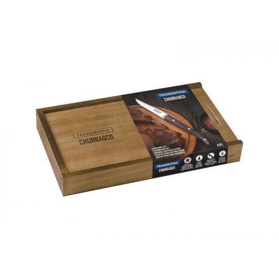 CONJUNTO DE FACAS CHURRASCO PAISANO AÇO INOX COM CABO CASTANHO POLYWOOD ESTOJO DE MADEIRA TRAMONTINA