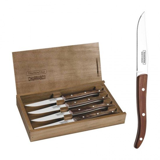 CONJUNTO DE FACAS CHURRASCO PAISANO AÇO INOX COM CABO CASTANHO POLYWOOD ESTOJO DE MADEIRA TRAMONTINA