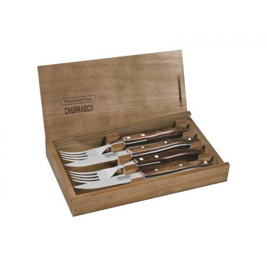 JOGO DE TALHERES CHURRASCO AÇO INOX CABO CASTANHO POLYWOOD COM ESTOJO DE MADEIRA 4 PEÇAS TRAMONTINA