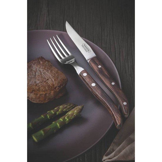 JOGO DE TALHERES CHURRASCO AÇO INOX CABO CASTANHO POLYWOOD COM ESTOJO DE MADEIRA 4 PEÇAS TRAMONTINA