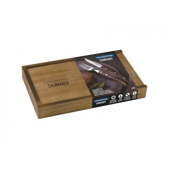 JOGO DE TALHERES CHURRASCO AÇO INOX CABO CASTANHO POLYWOOD COM ESTOJO DE MADEIRA 4 PEÇAS TRAMONTINA